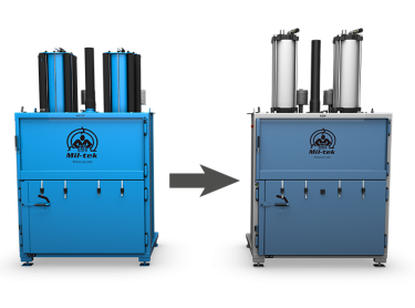 Two balers with an arrow from the old model on the left to the new model on the right, showing the upgrade