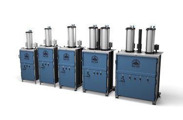 five blue recycling compactors on a row with white background