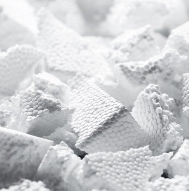 Pieces of expanded polystyrene prepared for recycling